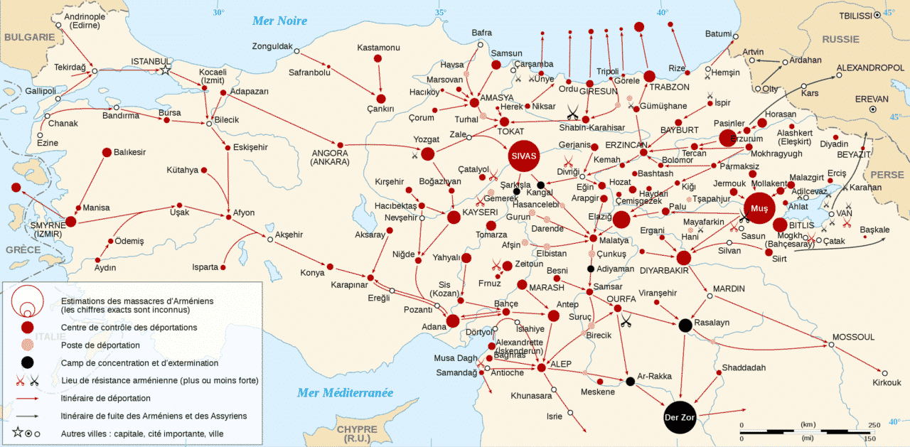 Carte du génocide arménien en 1915. Chaque cercle représente un massacre. Il y en a de trois types de lieux de massacre : les centres de contrôles (en rouge), les postes (en rose) et les camps de concentration et d'extermination (en noir). La taille des cercles indique le nombre relatif d'Arméniens tués. Les épées indiquent les lieux de résistance arménienne : ceux ou elle a été plus forte sont en rouge, et moins forte en noir. Les différentes tailles d'épées ne signifient rien, c'est uniquement dû à un problème de place sur la carte. Les cercles présents en Mer Noire indiquent les Arméniens (principalement des femmes et des enfants) emmenés par bateaux et jetés à la mer.