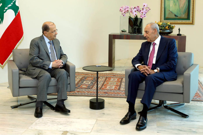 Dalati Aoun Berry La réunion du 15 mai entre le Président de la République Michel Aoun et le Président de la Chambre sortante Nabih Berry. Crédit Photo: Dalati & Nohra