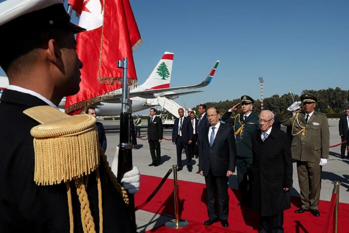Dalati Aoun Tunis L'arrivée du Président de la République, le Général Michel Aoun, à Tunis, à l'occasion du 30ème des chefs d'états des pays membres de la Ligue Arabe. Crédit Photo: Dalati & Nohra