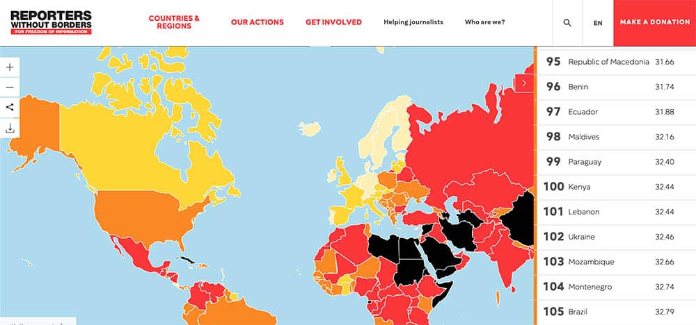 Le classement 2019 de la liberté de la Presse. Le Liban figure au 101 rang mondial. Capture d'écran de l'étude de RSF