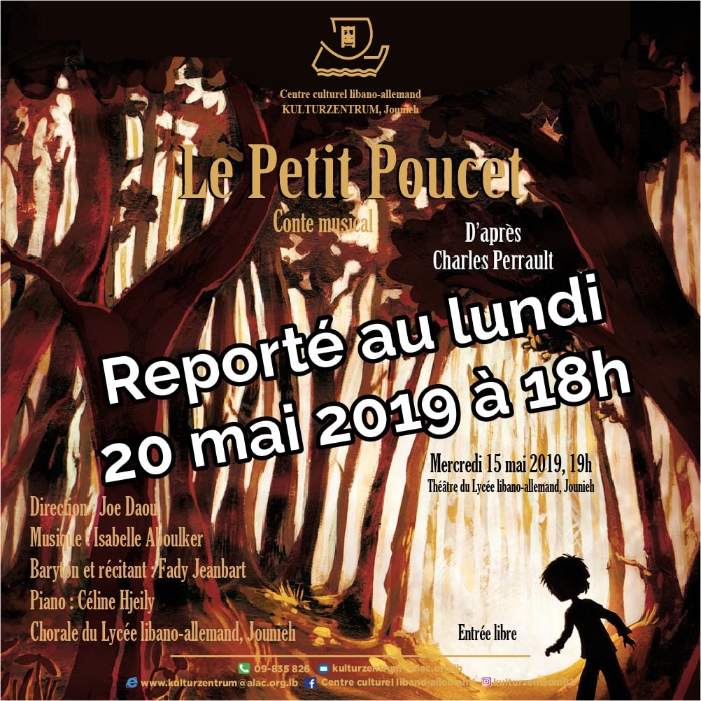 Ajournement du conte musical "Le Petit Poucet" au lundi 20 mai à 18 au Lycée.
