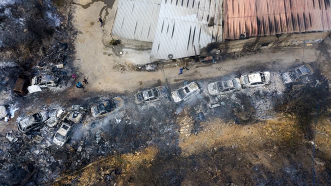 Liban incendie Vue aérienne des dégâts de l'Incendie à Damour.