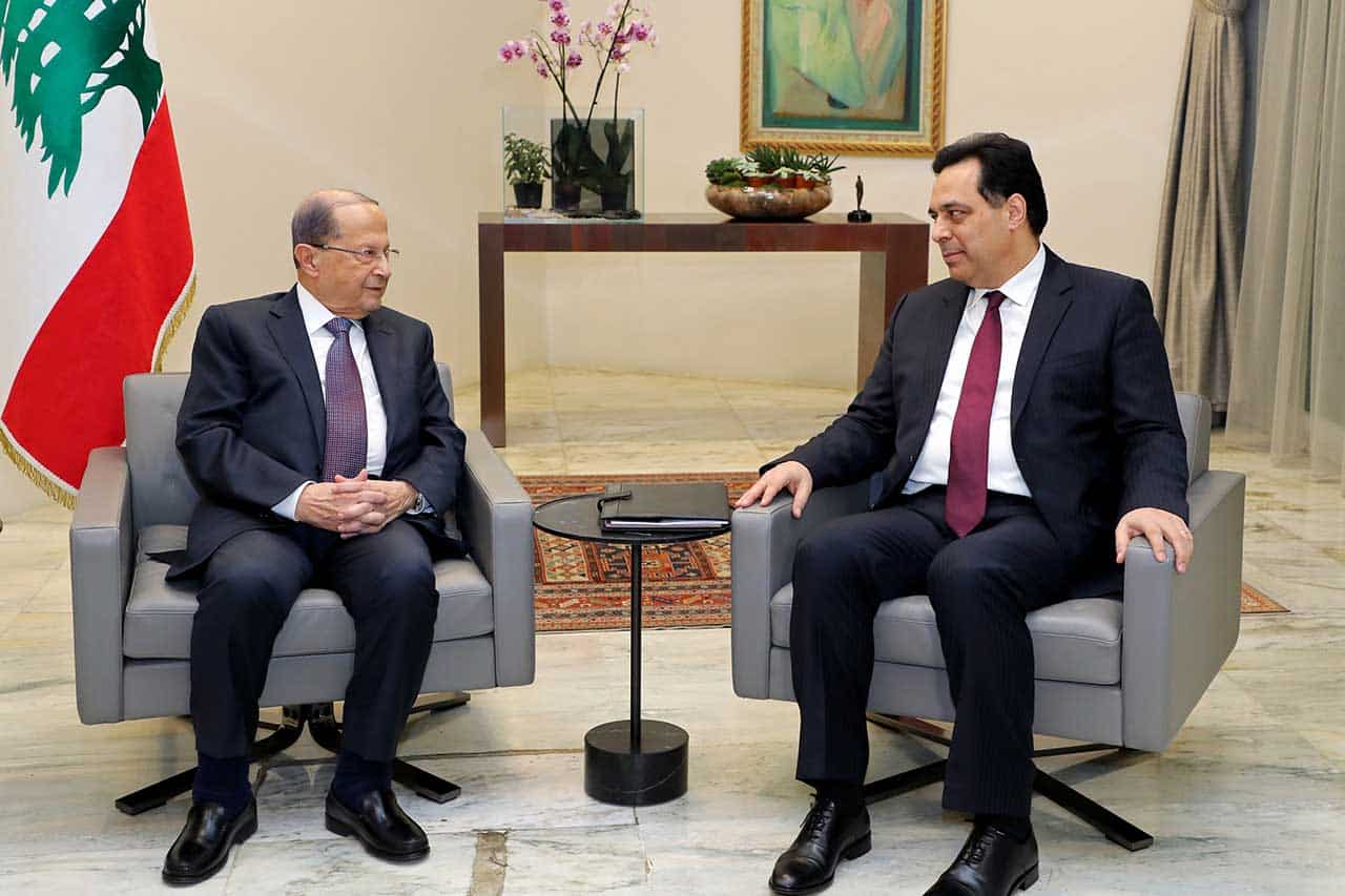 La rencontre entre le président de la République, le général Michel Aoun, et le Premier Ministre désigné Hassan Diab, précédant l'annonce de la proclamation du gouvernement Diab. Crédit Photo: Dalati & Nohra