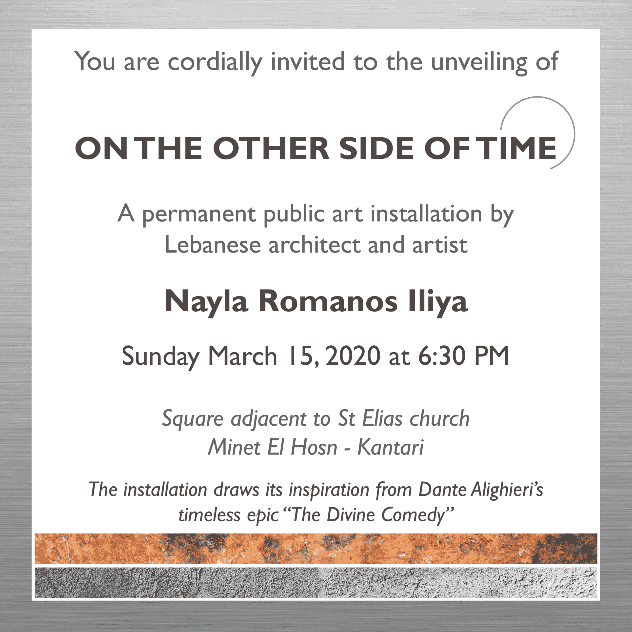 INVITATION – Unveiling of « ON THE OTHER SIDE OF TIME » by Nayla Romanos Iliya | Sunday March 15 at 6:30 PM