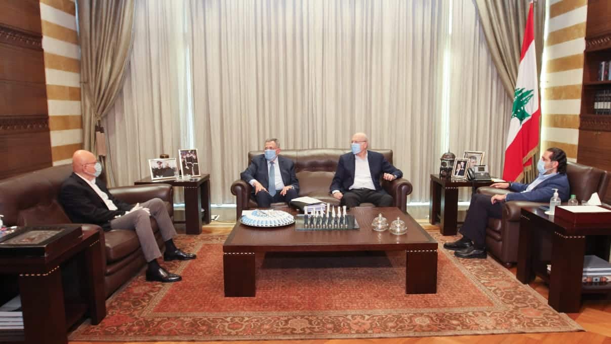 Les 4 anciens premiers ministres Najib Mikati, Fouad Saniora, Saad Hariri et Tammam Salam. Crédit Photo: NNA