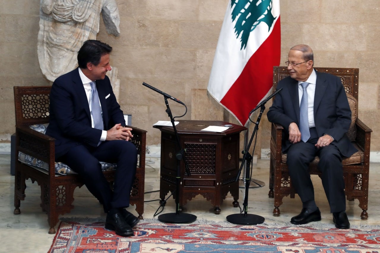 Le premier ministre italien Giuseppe Conte et le Président de la république, le Général Michel Aoun. Crédit Photo: Dalati & Nohra