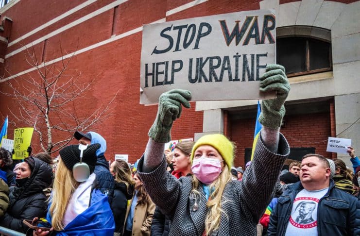 crowd on protest against war on ukraine