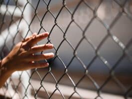 hand of crop person touching grid fence