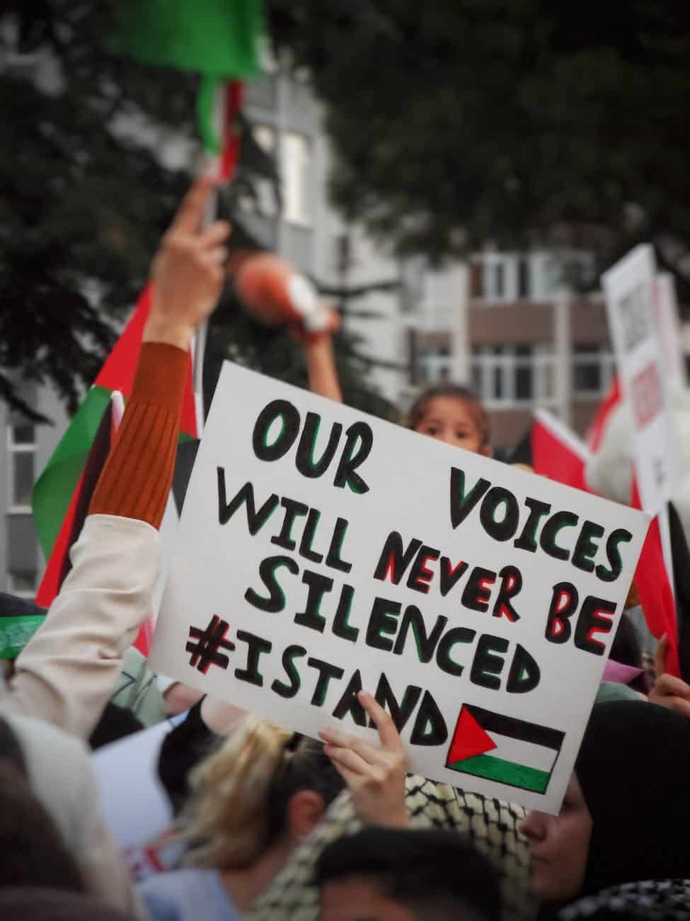 a sign that reads our voices will never be silenced israel