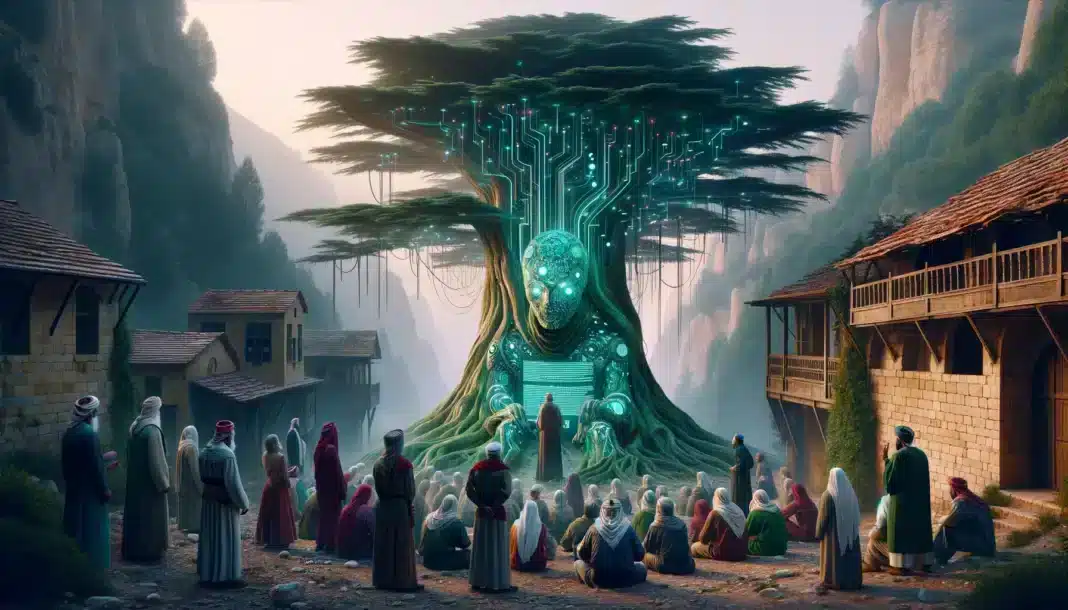 DALL·E 2024-03-02 11.32.41 - Imagine a scene set in a forgotten village nestled in the Lebanese mountains, where a millennia-old cedar tree stands transformed by a lightning strik