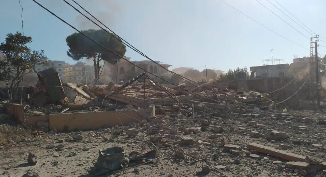 Massive destruction due to bombing of the town of Kafr Tibnit, south Lebanon