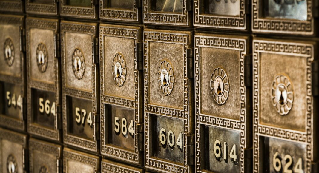Numbers on metal deposit boxes in a bank